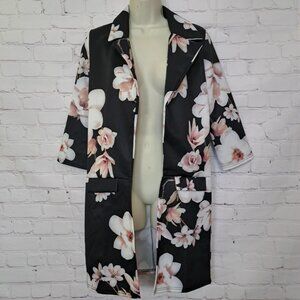 Evita Floral Stretch Long Open Blazer Jacket Size 12